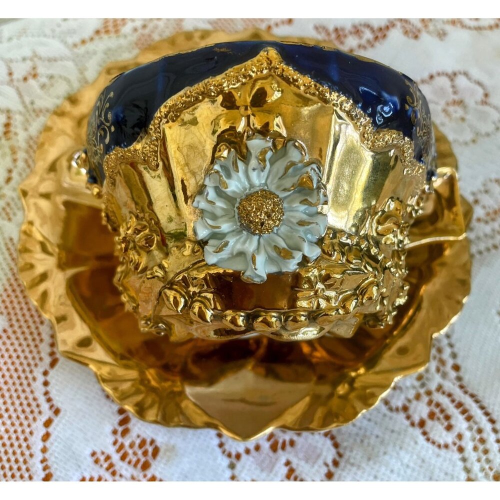 Antique German Porcelain Teacup Saucer Heavy Gold Cobalt Blue 3D Flower - Picture 2 of 16